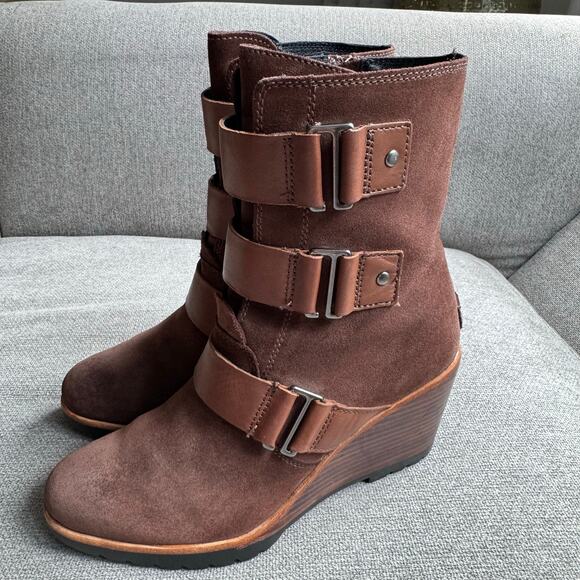 Sorel Shoes - Sorel Womens After Hours Suede Wedge Booties Size 8.5 Brown Ankle Leather Straps